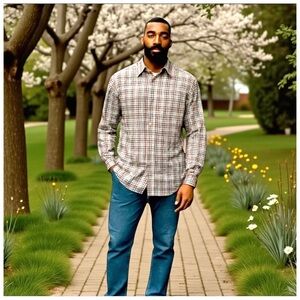 Tom James Men’s Button-Down Shirt. Brown, Blue, Tan. 17.5”